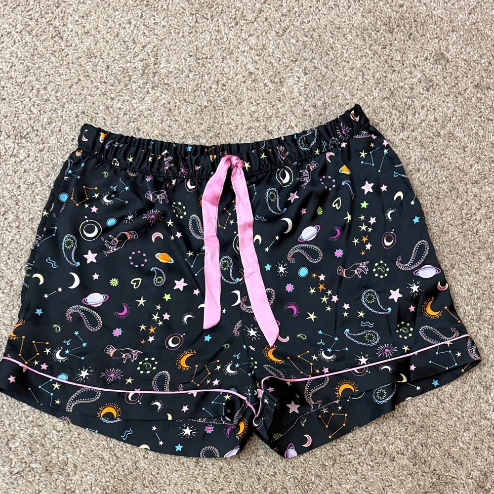 Primark Black Celestial Print Pajama Shorts with Pink Drawstring and pockets